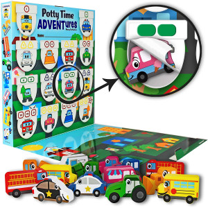 LIL ADVENTS Potty Time Adventures Potty Training Game - 14 Block Wood Toys, Chart, Activity Board, Stickers and Reward Badge for Toilet Training, Busy Vehicles