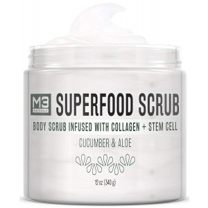 M3 Naturals Superfood Scrub infused with Collagen and Stem Cell Natural Cucumber and Aloe Body Face Wash Exfoliating Facial Cleanser for Acne Cellulite Wrinkles Scars Skin Care 12 oz