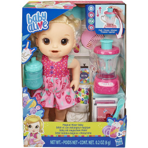 Baby Alive Magical Mixer Baby Doll Strawberry Shake with Blender Accessories, Drinks, Wets, Eats, Blonde Hair Toy for Kids Ages 3 and Up