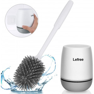 Lefree Silicone Toilet Brush and Holder, Bathroom Toilet Bowl Cleaner Brush Set,Non-Slip Handle with TPR Soft Bristle,Wall Mounted/Floor Standing (White-Grey)