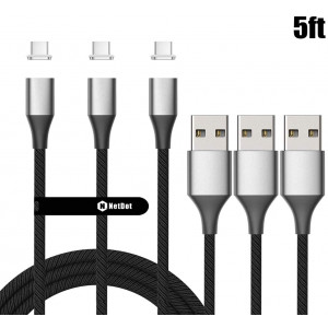 NetDot Gen10 USB-C Type-C Magnetic Cable Support Fast Charging and Data Transfer Nylon Braided (5Ft/ 3 Pack, Silver)