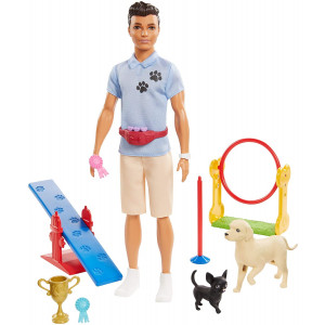 Ken Dog Trainer Playset with Doll, 2 Dog Figures, Hoop Ring, Balance Bar, Jumping Bar, Trophy and 2 Winner Ribbon