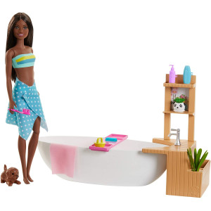 Barbie Fizzy Bath Doll and Playset, Brunette, with Tub, Fizzy Powder, Puppy and More, Gift for Kids 3 to 7 Years Old