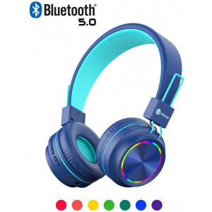 iClever BTH03 Kids Wireless Headphones, Colorful LED Lights Kids Headphones with MIC, 25H Playtime, Stereo Sound, Bluetooth 5.0, Foldable, Childrens Headphones on Ear for Study Tablet Airplane, Blue