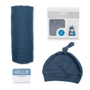 lulujo Birth Announcement Hat and Swaddle Blanket Set| Unisex Softest Bamboo Muslin Baby Swaddle Blanket| Receiving Blanket | 47in x 47in| Bamboo Knot Hat | Hello! Birth Announcement Sticker Navy