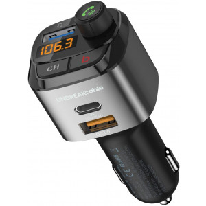 UNBREAKcable Bluetooth FM Transmitter for Cars, Wireless Bluetooth FM Radio Adapter, Music Player FM Transmitter, Car Charger with PD3.0 and QC3.0 Charging Port, Bass Booster, Bluetooth 5.0