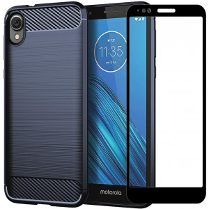 PhuLok Moto E6 Case, Motorola E6 Case, with Tempered Glass Screen Protector, Slim Thin Soft TPU Rubber Bumper Rugged Durable Protective Case for Motorola Moto E6 2019 (Navy Blue)