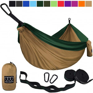 Gold Armour Camping Hammock - USA Brand Single Parachute Hammock (2 Tree Straps 10 Loops/20 ft Included) Lightweight Nylon Portable Adult Kids Best Accessories Gear (Khaki and Green)
