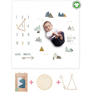 Organic Baby Monthly Milestone Blanket Newborn Boy Girl Unisex Neutral| Boho Mountain Nursery Baby Month Picture Blanket| Baby Growth Photography Background Prop| Markers Wood Birth Announcement Card