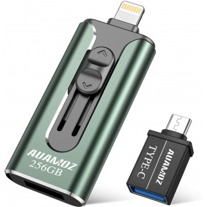 iPhone Flash Drive 256GB iPhone Photo Stick, AUAMOZ iPhone USB 3.0 Memory Photo Stick for iPhone 11 Pro X XR XS MAX, iPhone Flash Drive with 4 Ports Ready for iPhone/iPad/Android/Computer (Dark Green)