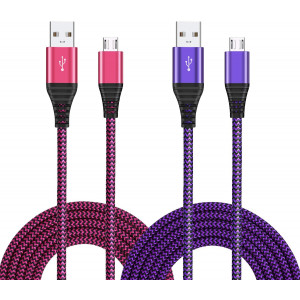 Micro USB Cable 10ft, OKRAY 2 Pack Long Android Charger Cable, Durable Braided USB Cable Phone Charger Charging Cord Compatible Samsung Galaxy S7 S6/Edge, Note 5 4,LG,HTC,PS4, MP3 (Purple Hot-Pink)