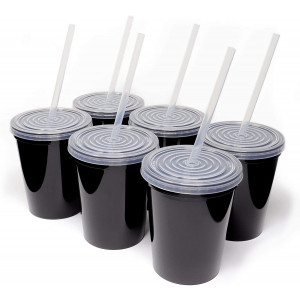 Rolling Sands 16oz Reusable Plastic Stadium Black Cups with Lids, 6 Pack, USA Made; Plastic Tumblers and Lids, Includes 6 Reusable Straws; Top Shelf Dishwasher