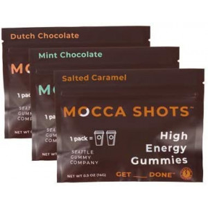 Mocca Shots Chocolate Caffeine Gummies Variety Pack (3 packs, 3x2 shots, 200mg caffeine/serving); Vegan, Gluten Free, All Natural, Made in USA; Energy chew, Vitamin Bs, Gingko (Seattle Gummy Company)