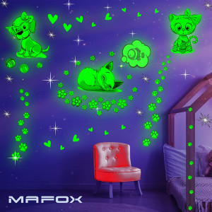 Glow in The Dark Cat Stickers with Dog and Fish, Wall Decals Sticker for Kids Bedding Room, Great for Birthday Gift Glowing Cat for Girls and Boys