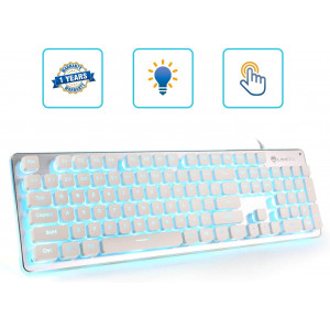 LED Computer Keyboard, LANGTU USB Wired Keyboard for Gaming and Office, All-Metal Panel 104 Keys Quiet Membrane Keyboard with Blue Backlit - L2 White/Silver