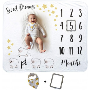 Baby Monthly Milestone Blanket | Includes Bib and Picture Frame | 1 to 12 Months | Premium Extra Soft Fleece | Best Photography Backdrop Photo Prop for Newborn Boy and Girl