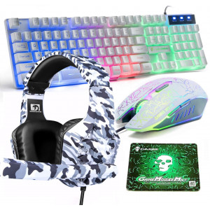 Gaming Keyboard and Mouse,4 in 1 Gaming Combo,Rainbow LED Backlit Wired Keyboard,2400DPI 6 Button Optical Gaming Mouse,Gaming Headset,Gaming Mouse Pad for PC Gaming(White)