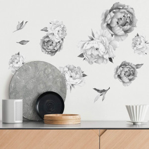 Peony Watercolor Wall Decals (Black and White Watercolor) - Peony Decor Flowers Wall Decals