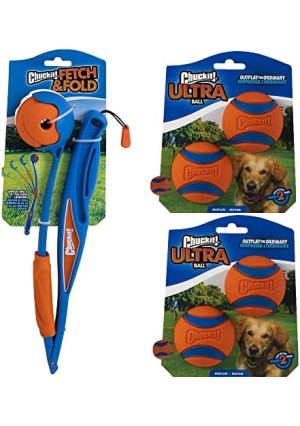 ChuckIt! Dog Fetch & Fold Ball Launcher and 4-Pack Ultra Ball Bundle, Medium