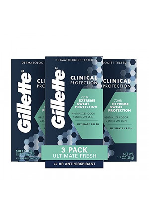 Gillette Antiperspirant Deodorant for Men, Clinical Soft Solid, Ultimate Fresh, 72 Hr. Sweat Protection, 1.7 oz, Pack of 3