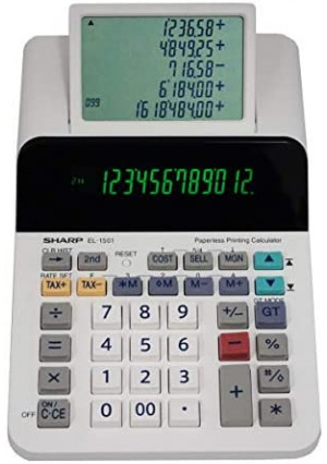 Sharp El-1501 Compact Cordless Paperless Large 12-Digit Display Desktop Printing Calculator That Utilizes Printing Calculator Logic