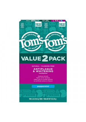 Tom's of Maine Fluoride-Free Antiplaque & Whitening Natural Toothpaste, Peppermint, 5.5 oz. 2-Pack (Packaging May Vary)