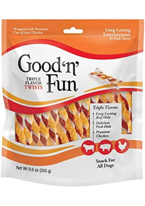 Good 'n' Fun Triple Flavor Twists, Treat Your Dog to Premium Cuts of Real Meat with Rawhide