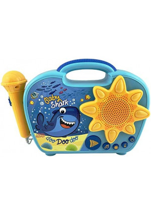 eKids Baby Shark Sing Along Boombox with Microphone for Kids Includes Built-in Baby Shark Song Flashing Lights Connects to MP3 Player