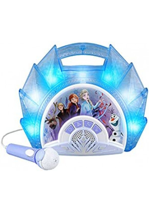 eKids Frozen Sing Along Boom Box Speaker with Microphone for Fans of Frozen Toys for Girls, Kids Karaoke Machine with Built in Music and Flashing Lights , Blue, 3.5mm Audio Jack