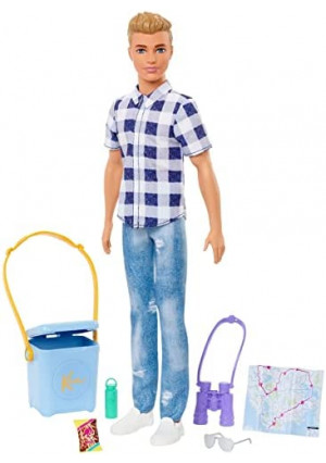 Barbie It Takes Two Ken Camping Doll Wearing Plaid Shirt, Jeans and White Sneakers, with Camping Accessories, Toy for 3 Year Olds & Up