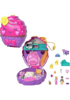 Polly Pocket Compact Playset, Something Sweet Cupcake with 2 Micro Dolls & Accessories, Travel Toys with Surprises