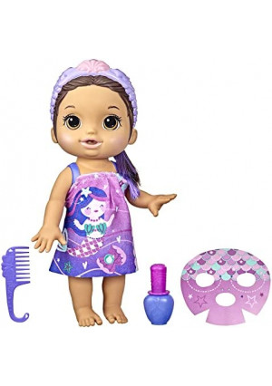 Baby Alive Glam Spa Baby Doll, Mermaid, Makeup Toy for Kids 3 and Up, Color Reveal Mani-Pedi and Makeup, 12.6-Inch Waterplay Doll, Brown Hair