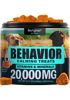 Kinpur Pet Care Calming Chews for Dogs with Valerian Root and Hemp Oil - Aid During Thunderstorms, Separation, Car Rides - Hip and Joint Health - Tasty Dog Calming Treats, 180 Chews (Behavior Chews)