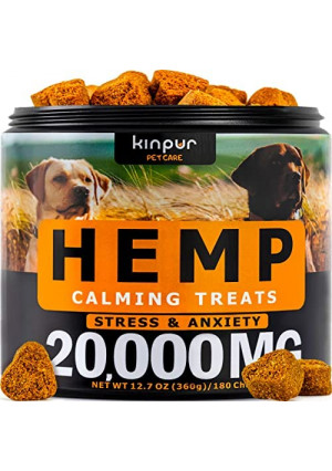 Kinpur Pet Care Calming Chews for Dogs with Valerian Root and Hemp Oil - Aid During Thunderstorms, Separation, Car Rides - Hip and Joint Health - Tasty Dog Calming Treats, 180 Chews (Calming Chews)