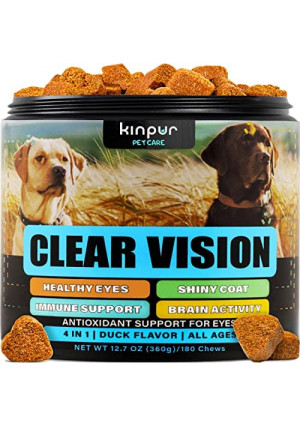 Kinpur Vision Treats for Dogs - Dog Vision Supplement for Eye Health, Tear Stains, Immune Support - Vitamin , Zin, Carrot, Fish Oil, Lutein - 180 Soft Chews with Duck Flavor - for All Breeds and Ages