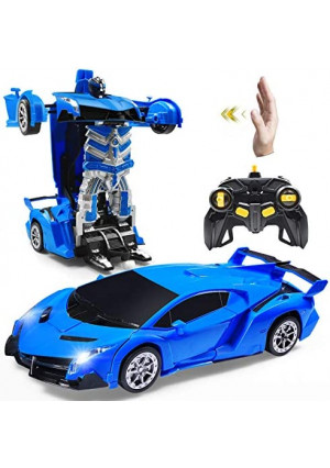 Janboo 1:14 RC Cars Robot for Kids, Transformrobot Racing Toys, Gesture Sensing Remote Control Car with One-Button Deformation Auto Demo, 360° Rotation Light Music Car Best Gift for Boys Girls (Blue)