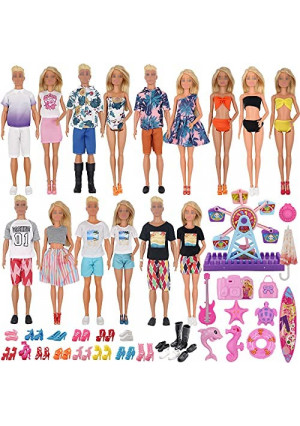 EuTengHao 78Pcs Doll Clothes and Accessories for 11.5 Inch Girl Doll and 12 Inch Boy Doll Includes 28 Wear Clothes Shoes and Lovers Outfit Sky Wheel Surfboard Hat for Summer Style Doll Accessories