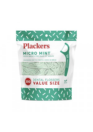 Plackers Micro Mint Dental Flossers, Fresh Mint Flavor, Fold-Out Toothpick, Super Tuffloss, Easy Storage with Sure-Zip Seal, 300 Count (Pack of 1)