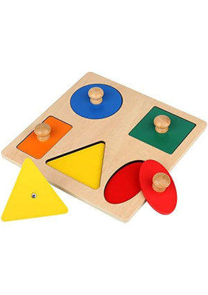 Montessori Wooden Puzzle Board Knob Wooden Puzzle Geometric Shape Puzzle Early Education Material Sensorial Toy for Toddler Shape & Color Sorter (5 Geometry Shape)