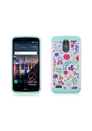 Mint Wild Flowers Diamond Hybrid Case For LG Stylo 3 / Stylo Plus Phone