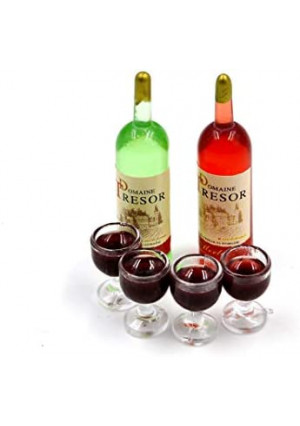 Togudot 1:12 Miniature Red Wine Bottle Set and Wine Goblet Cups Dollhouse Mini Kitchen Decoration Accessories