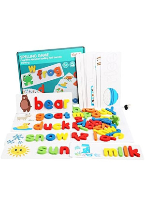 Wooden Toddler See and Spelling Learning Toy Matching Alphabet Word Game with 56 Different Words on 28 Two-Sided Cognitive Cards Letter Jigsaw Puzzle Toys for Kid’s Montessori Preschool Education