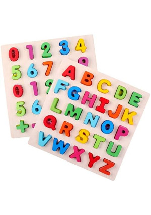 2 in 1 Learning Puzzle Board Alphabet and Number Wooden Puzzle for Preschool Boy and Girl Age 3 4 5 6 Montessori Education Tool Early Education Sorting and Counting Learning Board Gift for Toddler