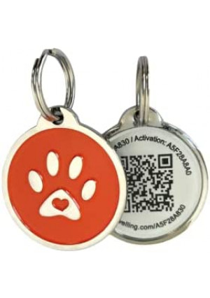 Pet Dwelling 2D QR Code Pet ID Tag - Dog Tags - Cat Tags, Link to Online Pet Profile, Instant Email Alert with Scan QR Tag GPS Location (Orange Paw 2D)