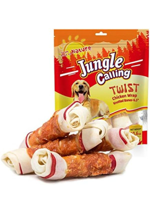 Jungle Calling Chicken Wrap Knotted Bones Dog Chews, Long Lasting Beefhide Treats Real Rawhide Bones for Large Dogs Training Treats