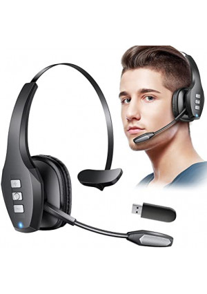 Bluetooth Headset, Trueque Trucker Wireless Headset with Microphone AI Noise Canceling & Mute Button, 60 Hrs Work Time On-Ear Headphones with USB Dongle for Call Center, Remote Work, Trucker, Zoom