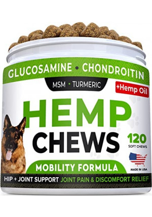 STRELLALAB Hemp Treats + Glucosamine for Dogs - Hip & Joint Supplement - w/Hemp Oil + Protein - Chondroitin, MSM, Turmeric to Improve Mobility & Energy - Natural Joint Pain Relief - Bacon Flavor