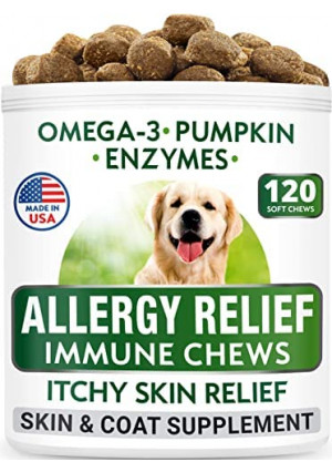 BARK&SPARK Allergy Relief Dog Treats - Omega 3 + Pumpkin + Enzymes - Itchy Skin Relief - Seasonal Allergies - Anti-Itch & Hot Spots - Immune Supplement - Made in USA Soft Chews