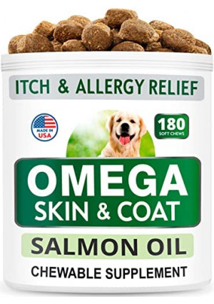 Bark&Spark Omega 3 for Dogs - 180 Fish Oil Chews - Allergy and Itch Relief - Anti-Shedding - Hot Spots Treatment - Joint Health - Skin and Coat Supplement - EPA & DHA Fatty Acids - Salmon Oil