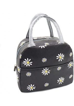 Sonuimy Insulated Lunch Bag Women Girls, Reusable Cute Tote lunch box for Adult & Kids, Leakproof Cooler Lunch Bags for Work Office Travel School Picnic (Black with White Daisy)